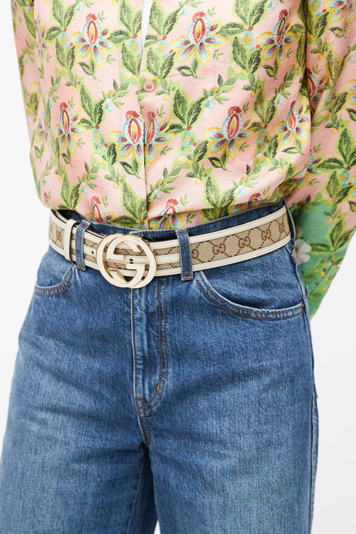 Gucci Beige & Gold Monogram GG Logo Belt
