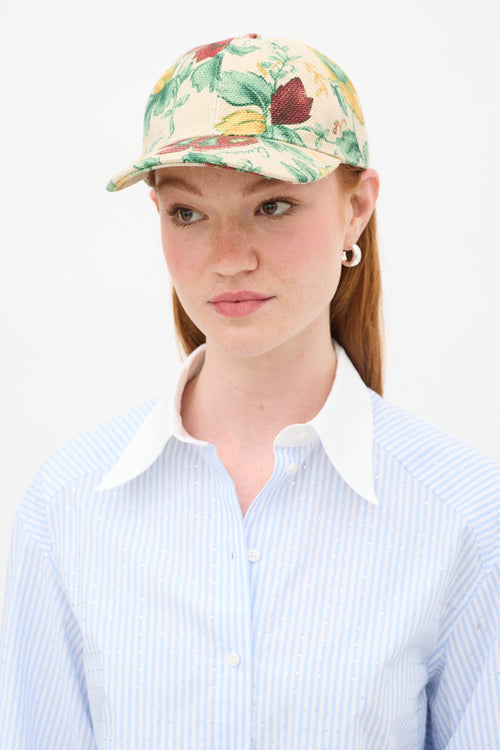 Gucci Beige & Multicolour Linen Floral Baseball Hat