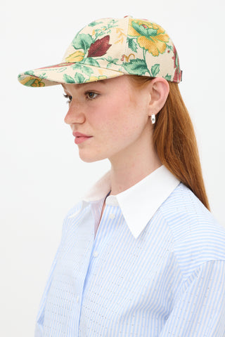 Gucci Beige & Multicolour Linen Floral Baseball Hat