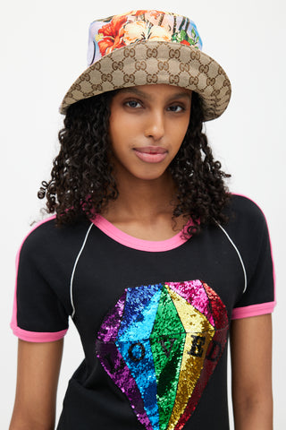 Gucci Beige & Multicolour Reversible Floral Monogram Bucket Hat