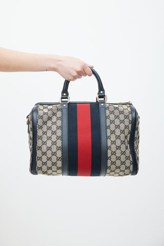 Gucci Brown & Navy Monogram Boston Webbed Bag
