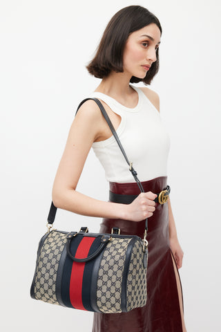 Gucci Brown & Navy Monogram Boston Webbed Bag