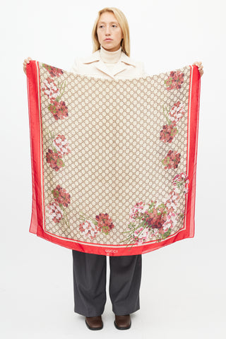 Gucci Beige & Red Floral GG Print Silk Scarf