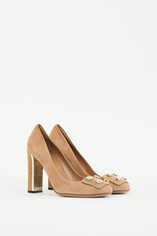 Gucci Beige & Gold Suede Audrey Pump