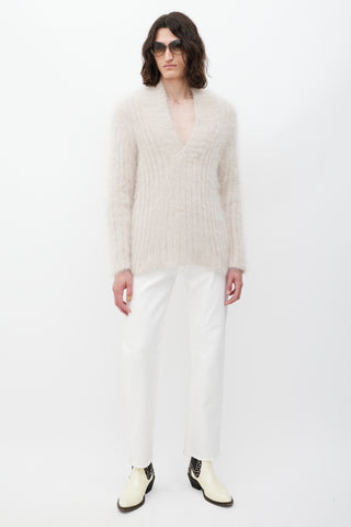 Gucci Beige V-Neck Mohair Ribbed Knit Sweater