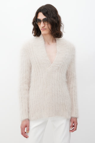 Gucci Beige V-Neck Mohair Ribbed Knit Sweater