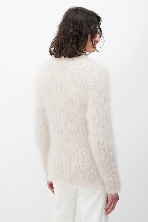 Gucci Beige V-Neck Mohair Ribbed Knit Sweater