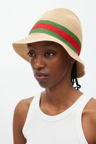 Gucci Beige Green & Red Straw Web Bucket Hat