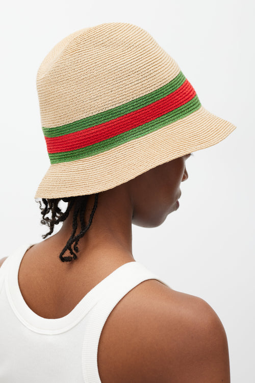 Gucci Beige Green & Red Straw Web Bucket Hat