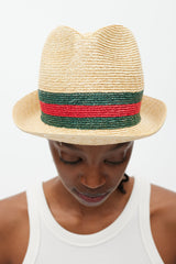 Gucci Beige Green & Red Straw Web Fedora