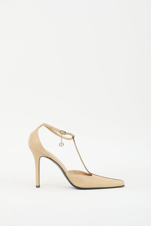 Gucci Beige & Brown Leather GG T-Strap Pump