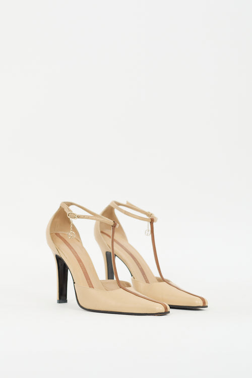 Gucci Beige & Brown Leather GG T-Strap Pump