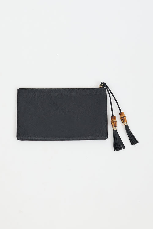 Gucci Black Leather Bamboo Fringe Zip Pouch