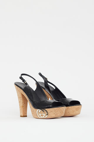 Gucci Black & Beige Cork Patent Sandal