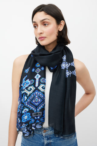Gucci Black & Blue Pixel Printed Silk Scarf