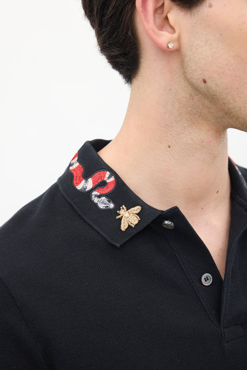 Gucci Black Cotton Embroidered Collar Polo