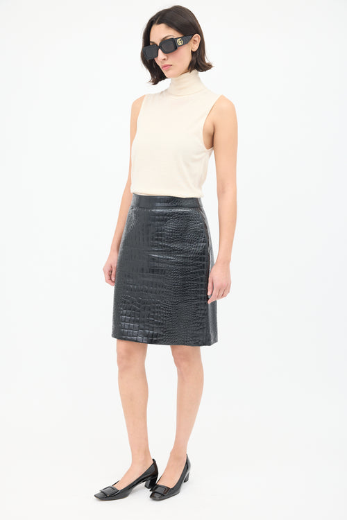 Gucci Black Embossed Patent Leather Midi Skirt