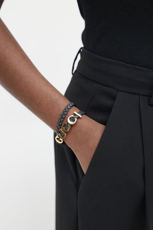 Gucci Black & Gold Braided Leather Logo Bracelet