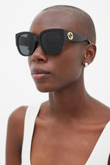 Gucci Black & Gold Interlocking GG GG0142SAN Sunglasses