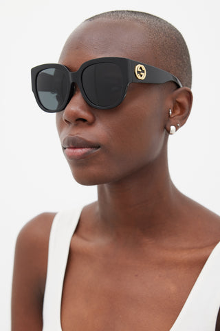 Gucci Black & Gold Interlocking GG GG0142SAN Sunglasses