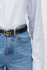 Gucci Black & Gold Leather Marmont Slim Belt
