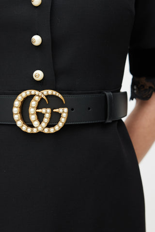 Gucci Black & Gold Leather Marmont Pearl Belt