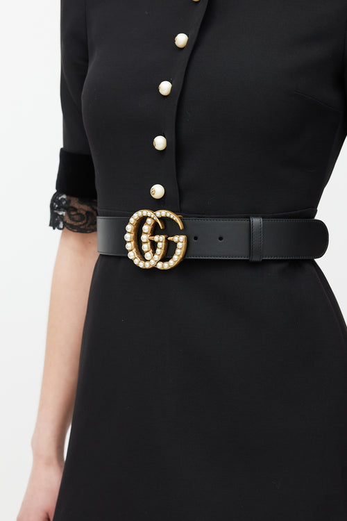 Gucci Black & Gold Leather Marmont Pearl Belt