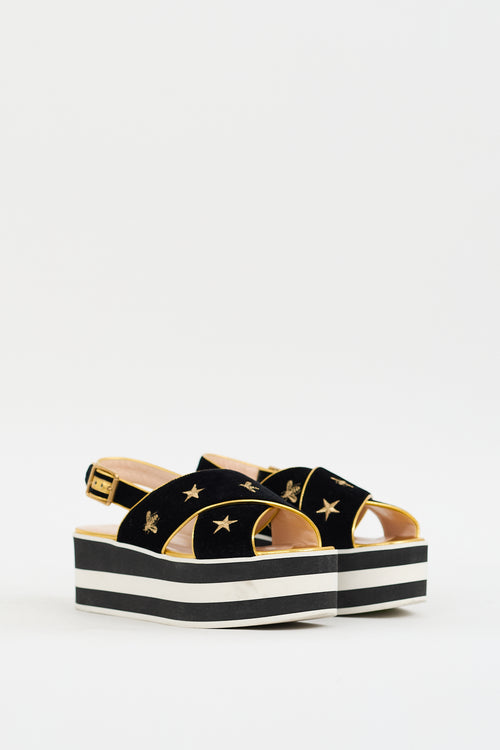 Gucci Black & Gold Velvet Peggy Platform Sandal