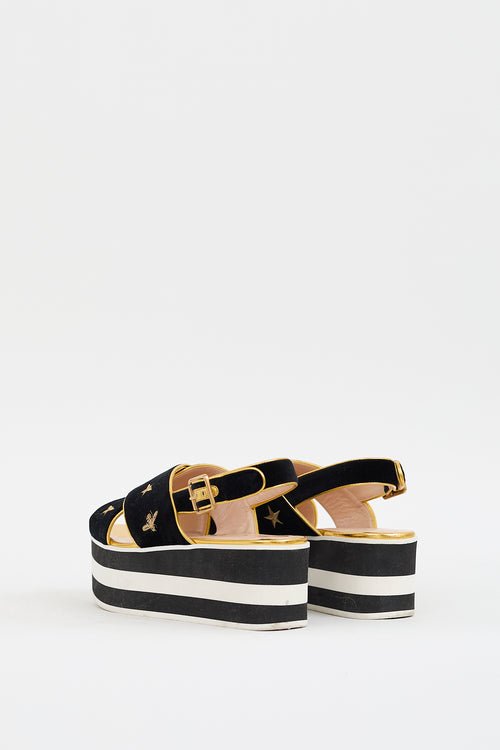 Gucci Black & Gold Velvet Peggy Platform Sandal