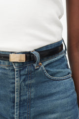 Gucci Black & Gunmetal Slim Leather Belt