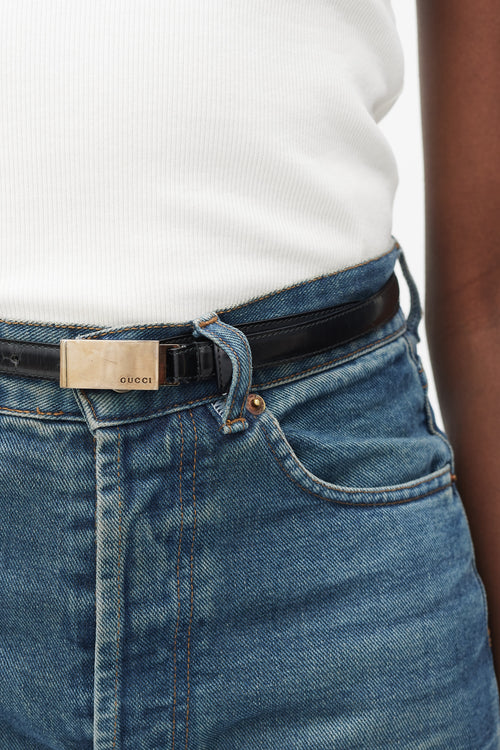 Gucci Black & Gunmetal Slim Leather Belt