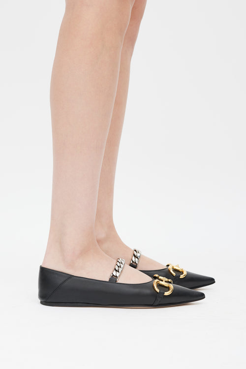 Gucci Black & Multicolour Horsebit & Chain Leather Ballet Flat