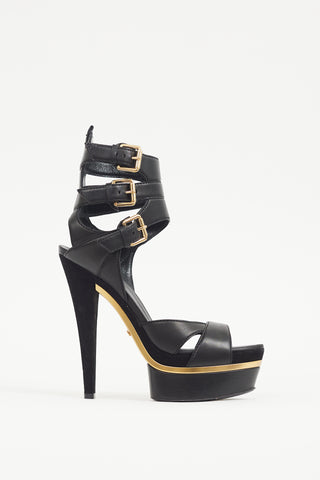 Gucci Black & Gold Leather Platform Sandal