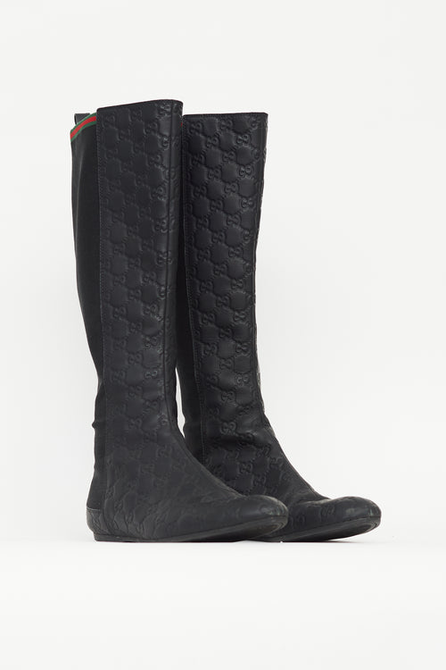 Gucci Black Leather Embossed Knee High Boot