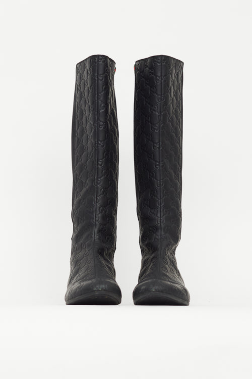 Gucci Black Leather Embossed Knee High Boot
