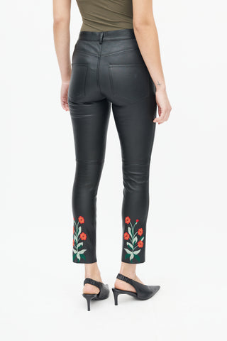 Gucci Black Leather Embroidered Poppy Trouser