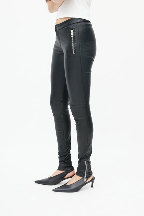 Gucci Black Leather Exposed Zipper Pant