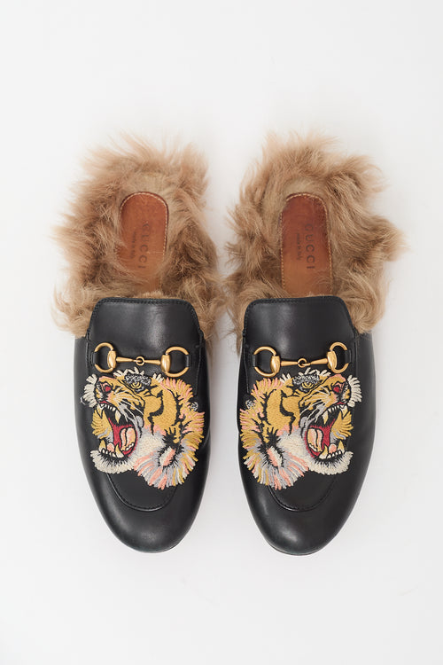 Gucci Black Leather & Fur Princetown Mule