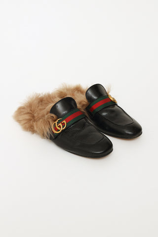 Gucci Black GG Web Princetown Leather & Fur Mules