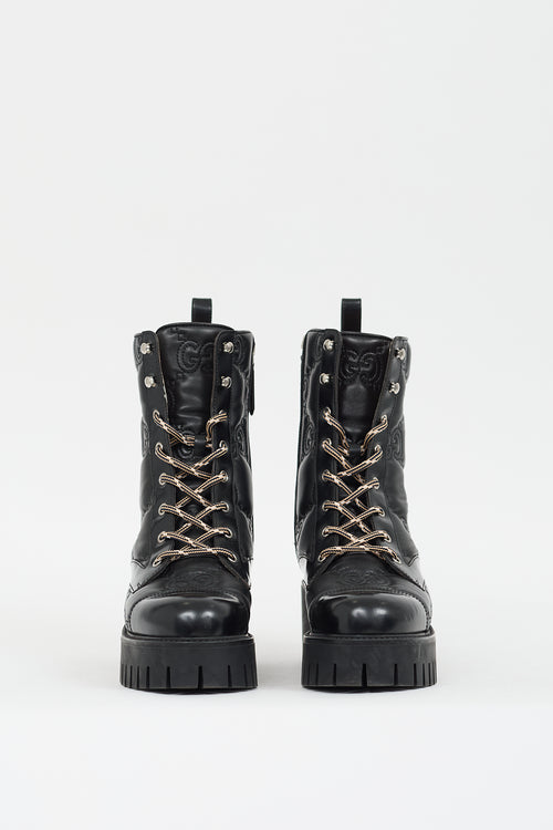 Gucci Black Leather GG Matelassé Lace Up Boot