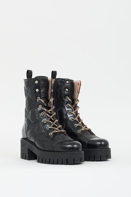 Gucci Black Leather GG Matelassé Lace Up Boot