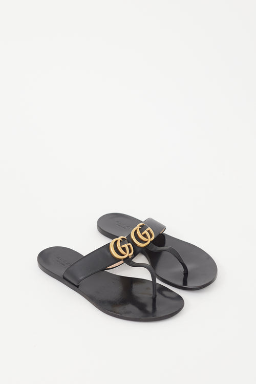 Gucci Black Leather GG T-Strap Sandal