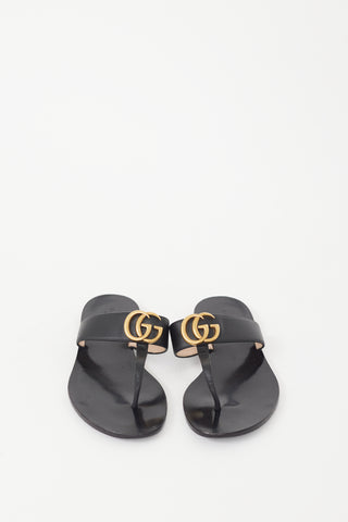 Gucci Black Leather GG T-Strap Sandal
