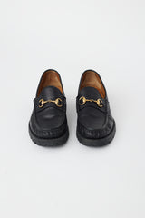 Gucci Black Leather & Gold Hardware Lug Loafer