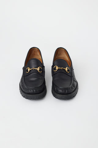 Gucci Black Leather & Gold Hardware Lug Loafer