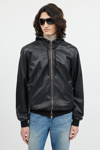 Gucci Black Leather Hooded Bomber Jacket