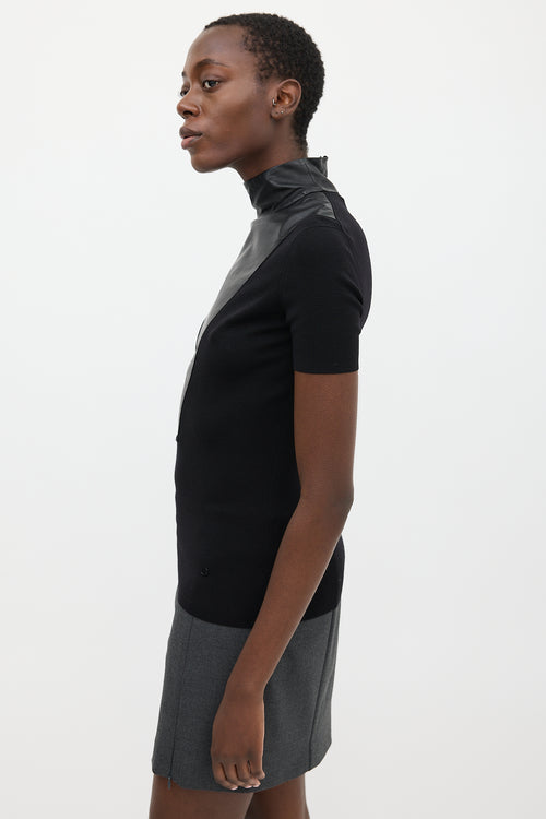 Gucci Black Leather Knit Mock Neck Top