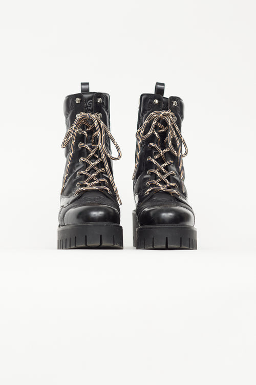 Gucci Black Leather Lace Up Quilted Combat Boot