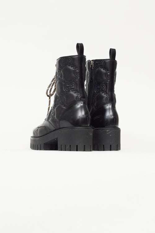 Gucci Black Leather Lace Up Quilted Combat Boot