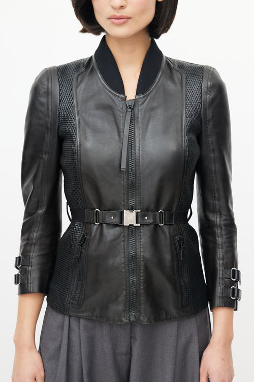 Gucci Black Leather Woven Belted Jacket